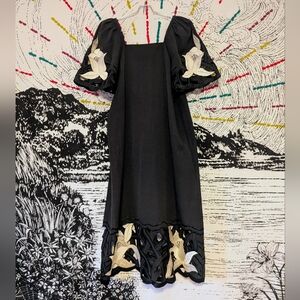 Vintage 70s Black Floral Cut-outs Hippie Boho Midi Dress